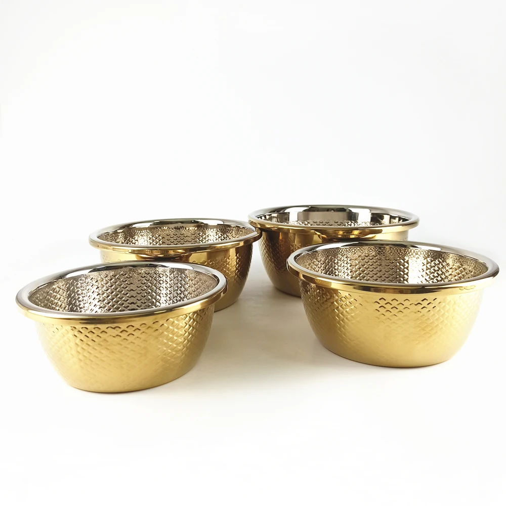 LIHONG Chinese Style Stainless Steel Kitchen Dinnerware Large Fish Scale Lines Gold Food Mixing Bowl Washing Vegetables Basin