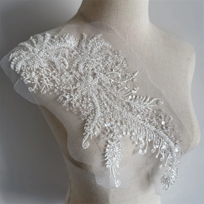 1 Piece White Flower Beaded Embroidery Sew on Organza Patches Applique for Wedding Dress