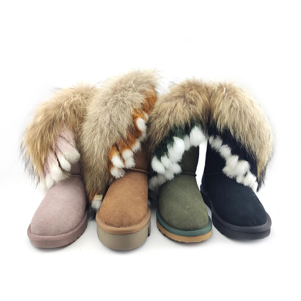 
CF-077 Free Samples Beautiful Genuine Leather Racoon Fur And Rabbit Fur Wholesale Lady Boots, Winter Women Snow Boots Fashion 