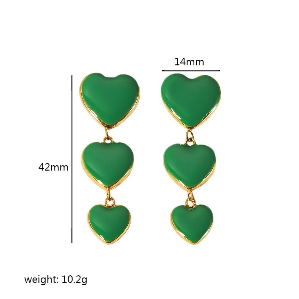 Oil Dropping Green White Pink Love Heart Pendant Earrings 18K Gold Titanium Steel Long Drop Dangle Earrings Jewelry