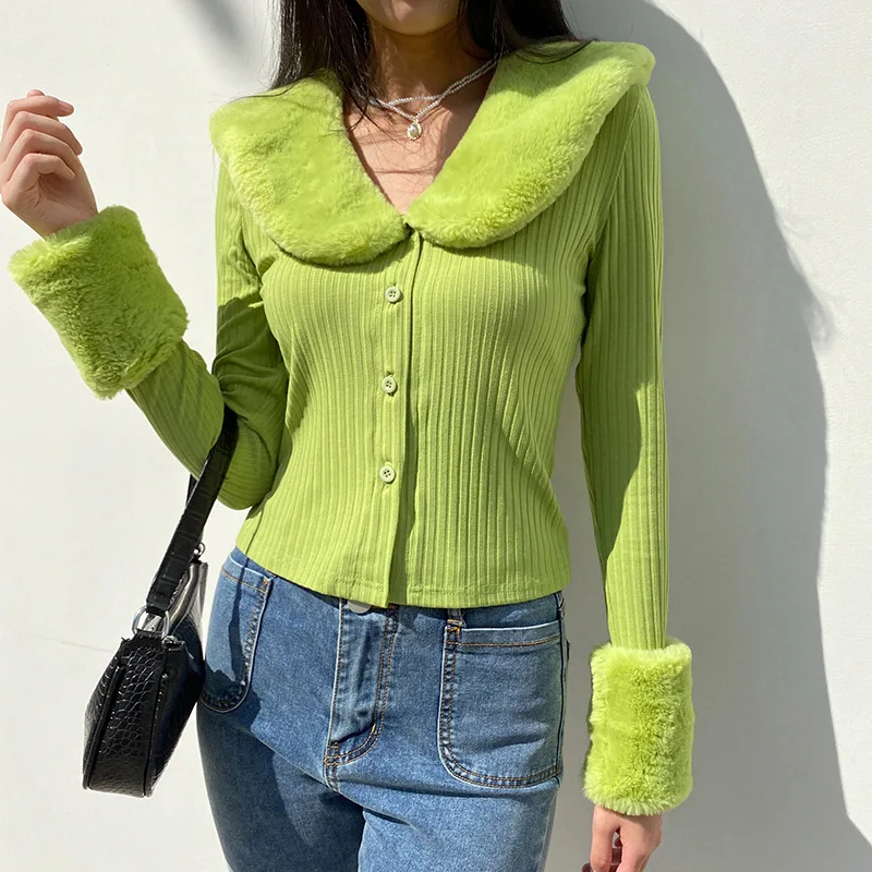 Patchwork Knitted Cardigan Coats and Jackets Fashion Warm Tops Women Button up Long Sleeve Winter Fluffy Faux Fur Green Logo Bow