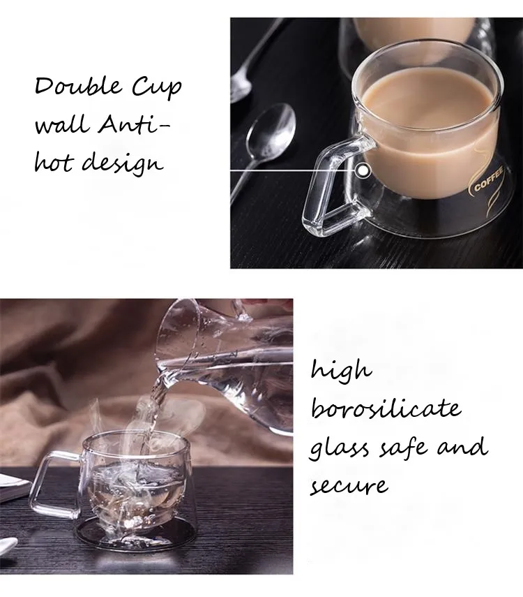 Wholesale double layer hollow heat-resistant glass coffee cup with handle