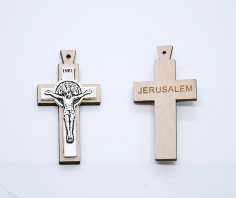 Religious Wooden Cross Charm Jerusalem St Benedict Alloy  Jesus Crucifix Pendant