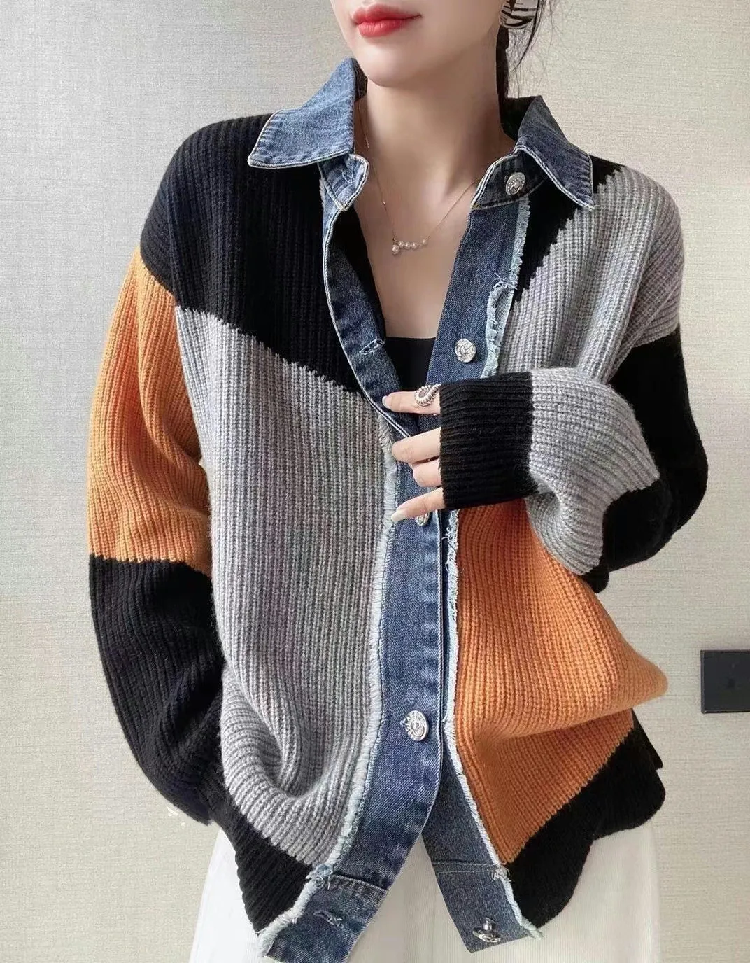 Spring new knitted denim color patchwork loose sweater new Korean version long-sleeved lapel cardigan coat female