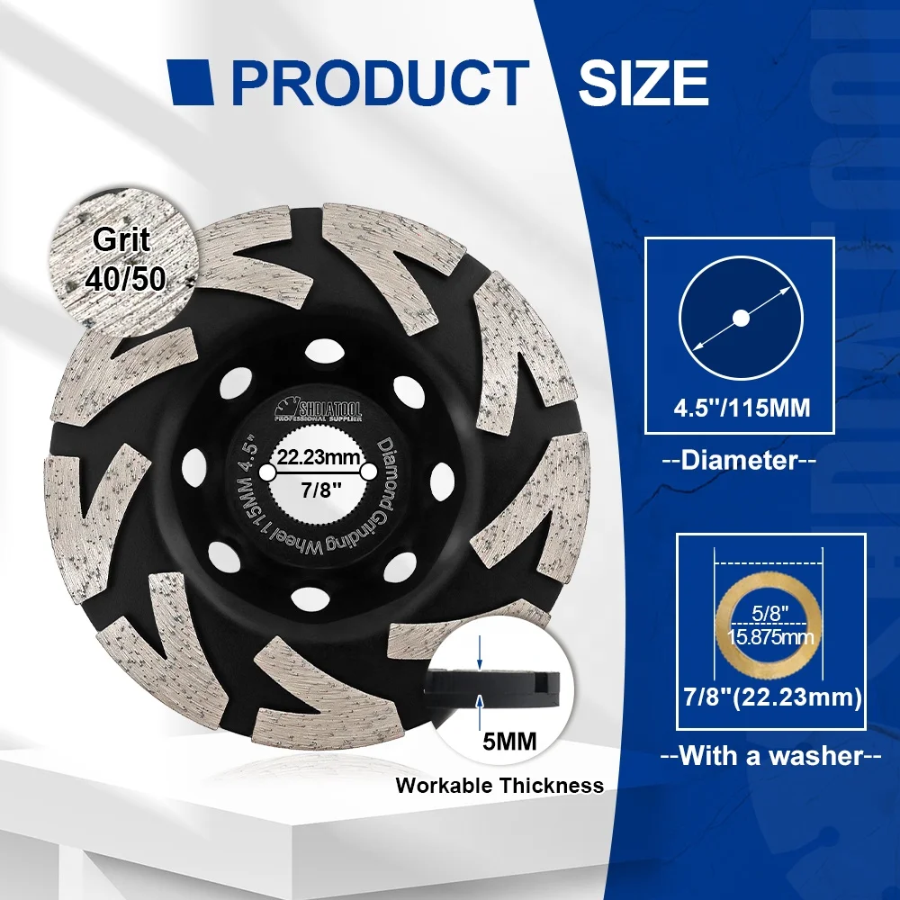 SHDIATOOL 115mm Diamond Concrete Grinding Cup Wheel OEM Supported Angle Grinder Polishing Disc