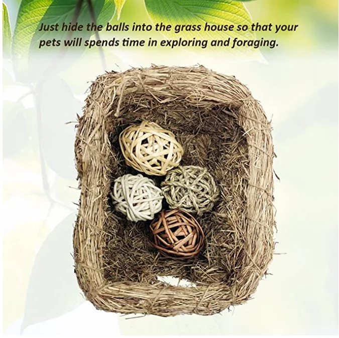Bunny Grass House Guinea Pig Grass Bed Hand-Woven Hay Hut Natural Seagrass Balls Small Animal Chew Toys Guinea Pig Dwarf Rabbit