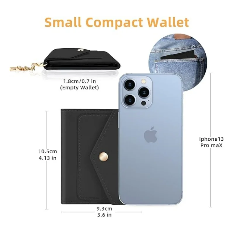 Customizable Premium Leather RFID Blocking Ladies Compact Trifold Small Wallet With Chain