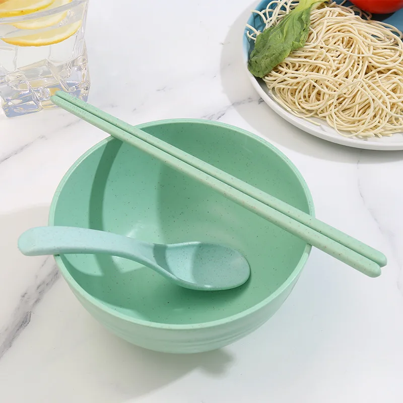 Wholesale creative food grade eco-friendly degradable wheat straw fiber rice bowl sets with spoon and chopsticks baby food bowls