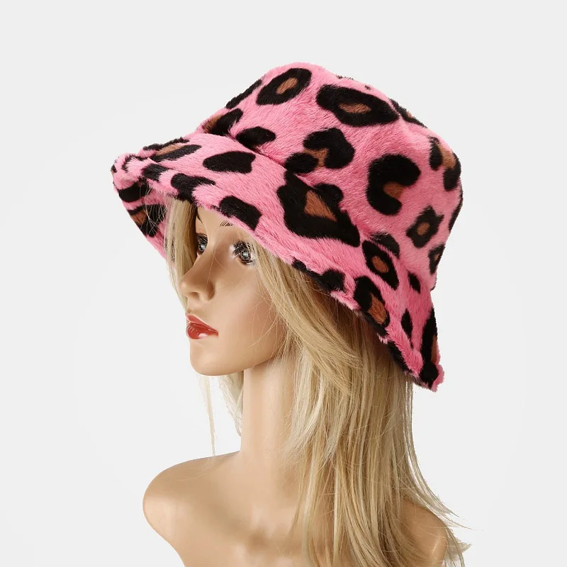 Wholesale Fashion Women Colorful Leopard Printed Pattern Design Winter Thick Furry Plush Fisherman Bucket Hat Caps