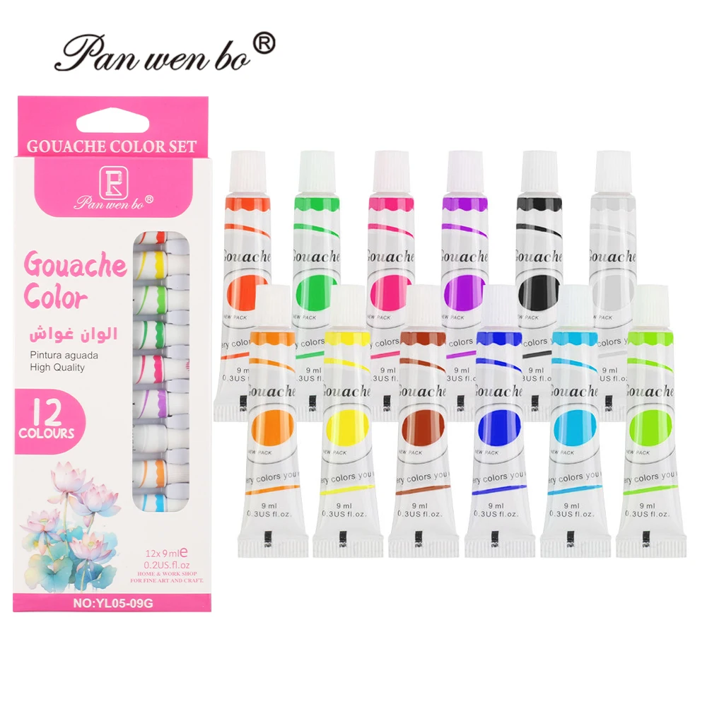 Panwenbo Wholesale 12 Colors 9ml Gouache Oil Paint Set For Watercolor Acrylic Gouache Oil Painting