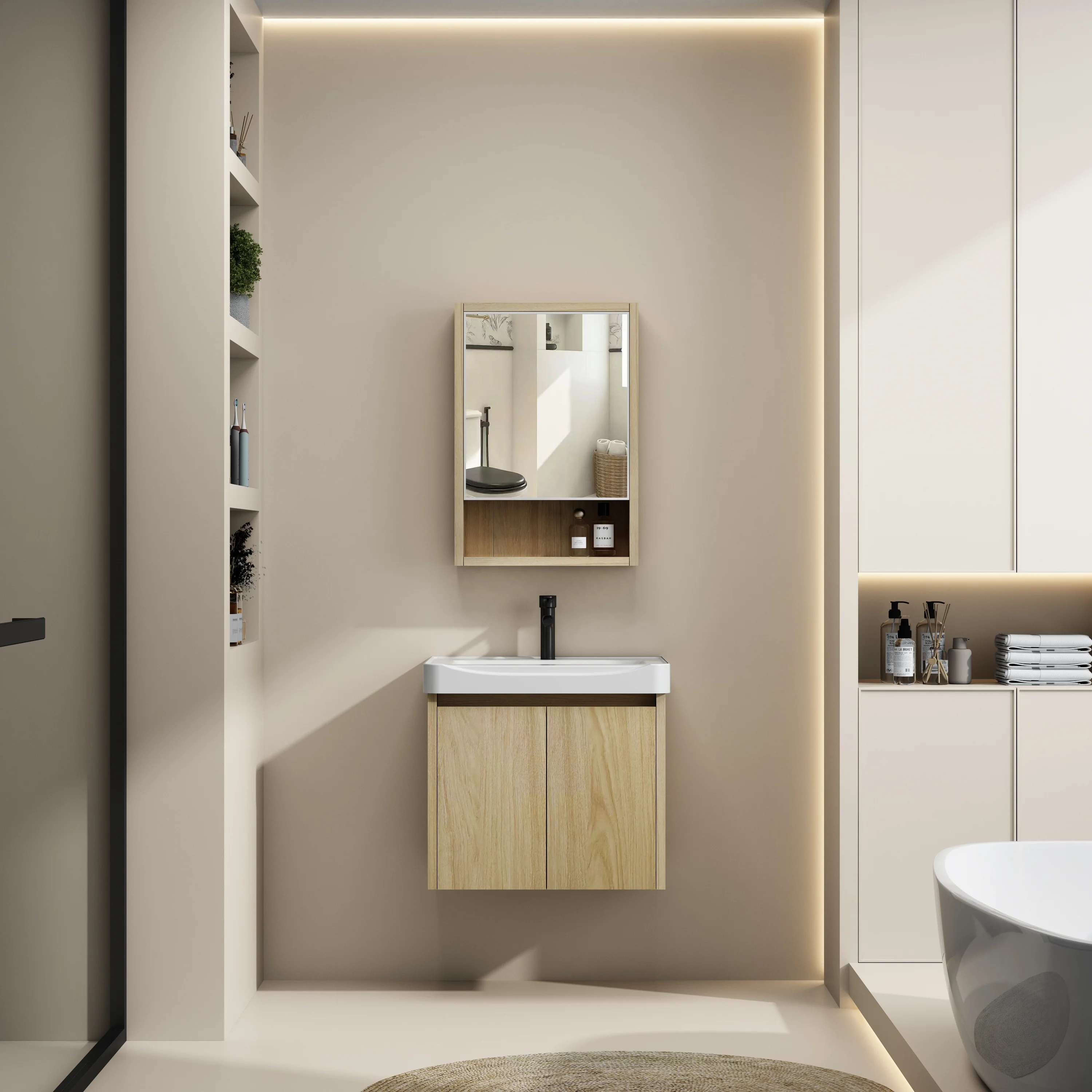 Factory Price Modern Bathroom Wall Cabinet Vanity Double Door Storage Cabinet Wash Basin with Mirror