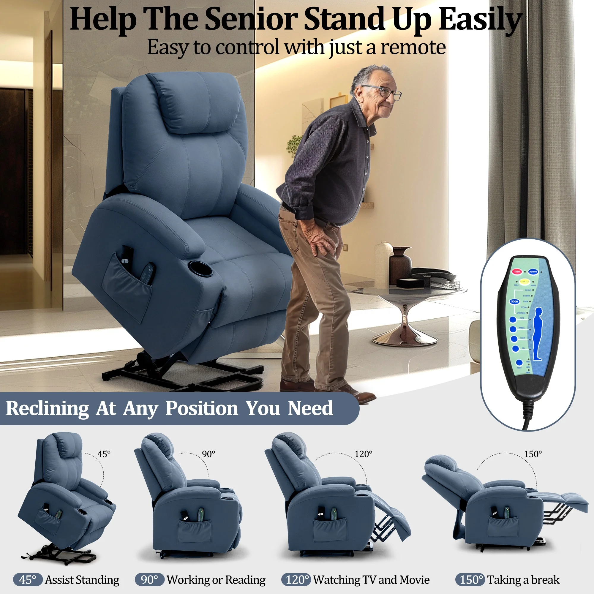 Modern Home Electric Power Solid Wood Rise Lift Single Leather Massage Heated Recliner Sofa Chair