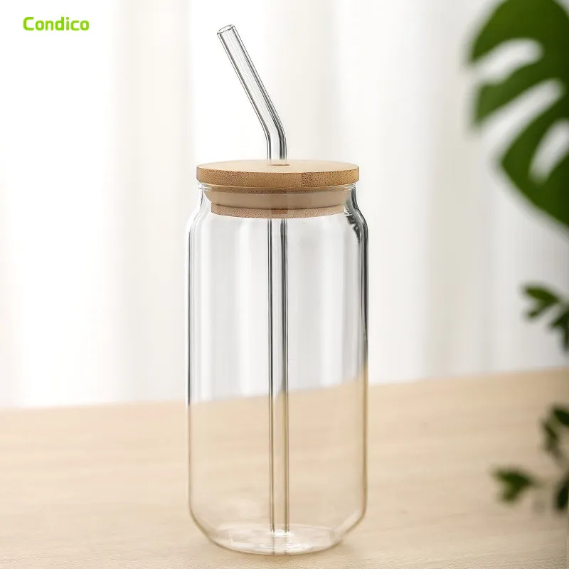 12oz Clear Glass Ice Can  High Boron Glass Coffee Tumblers Beer Cola Juice Cold Drink Handmade Can With Bamboo Lid and Straw