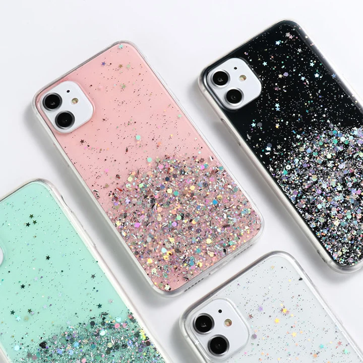 for iPhone 7 8 Plus Star Bling Clear Transparent Glitter Pink Phone Case Cover for iPhone 11 12 13 Pro Max Case Glitter Silicone
