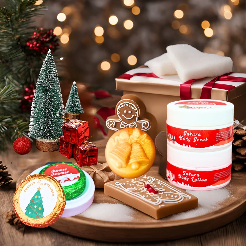 Moisturizing Body Lotion with Natural Jasmine and Sakura Extract Christmas Bath Set Soap Scrub Shower Steamers Aromatherapy