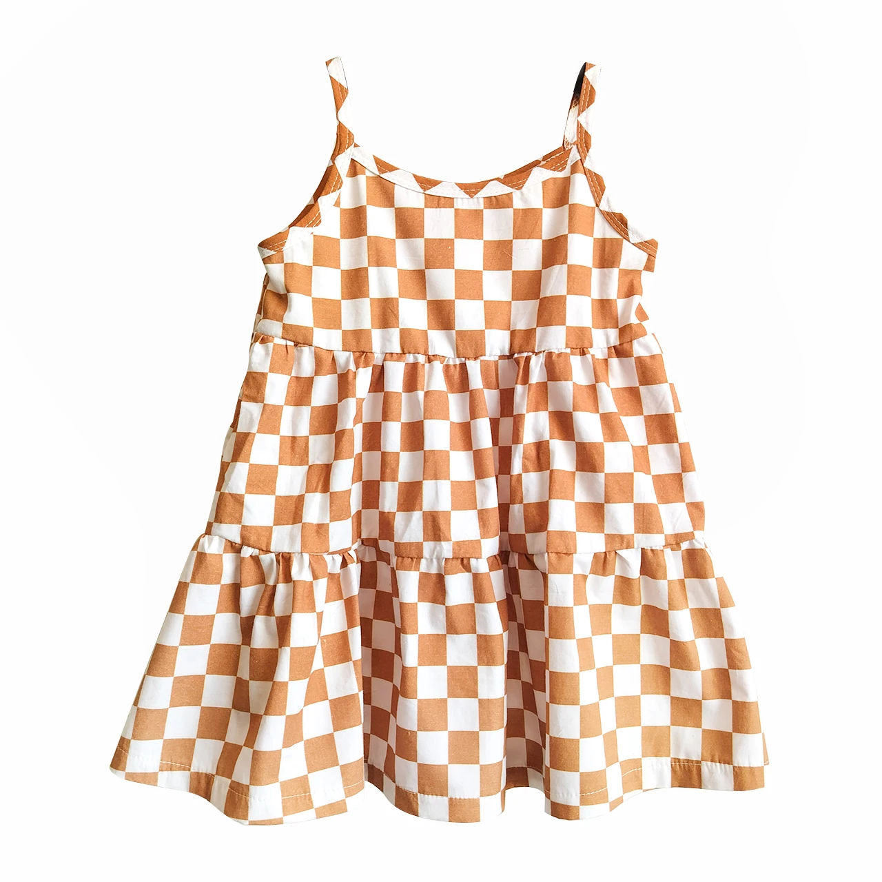 Checkered Print Cotton Linen Girls Sleeveless Dress Shoulder Tie V Shape Girls Dress