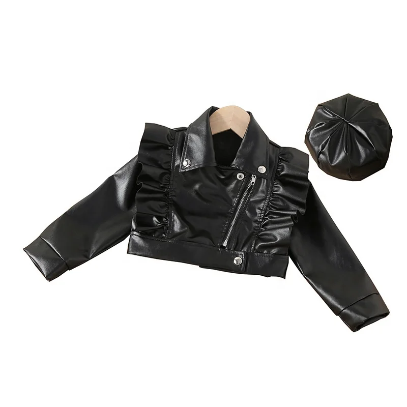 Fashion 2-7 Years Toddler Girls 2pcs Leather Jacket Hat PU Motorcycle Outerwear Ruffle Zipper Coat
