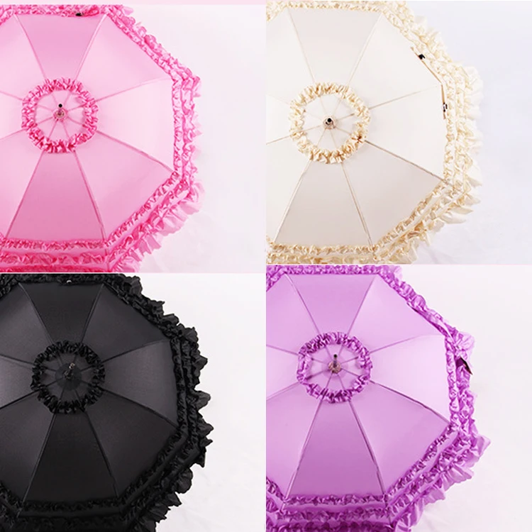 Hotest 23inch 8K Manual Open Leather Handle Three Ruffles Pagoda Shaped Arch Lace Wedding Umbrella with Custom Color