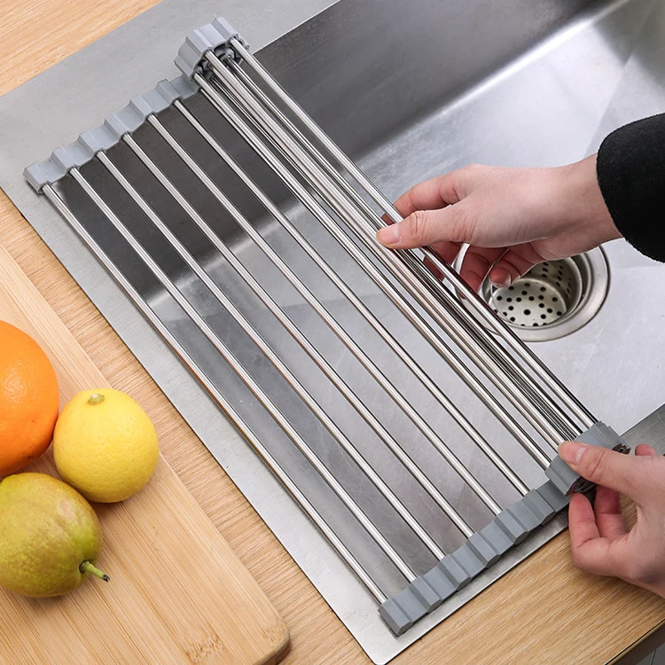 SANIPRO Kitchen Roll Up Folding Fruit Vegetable Dish Drain Mats 304 Stainless Steel Pot Holder Over the Sink Draining Rack