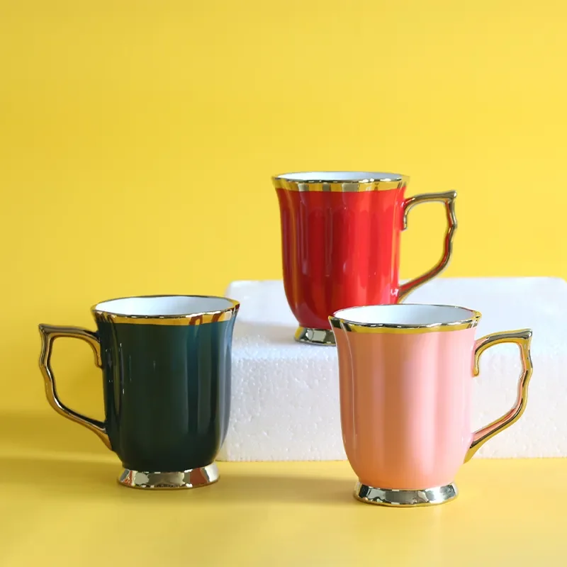 Wholesale Nordic Ceramic Coffee Gold Handle Rim Luxury Colorful Mugs Porcelain Tea Milk Color Glaze Cups