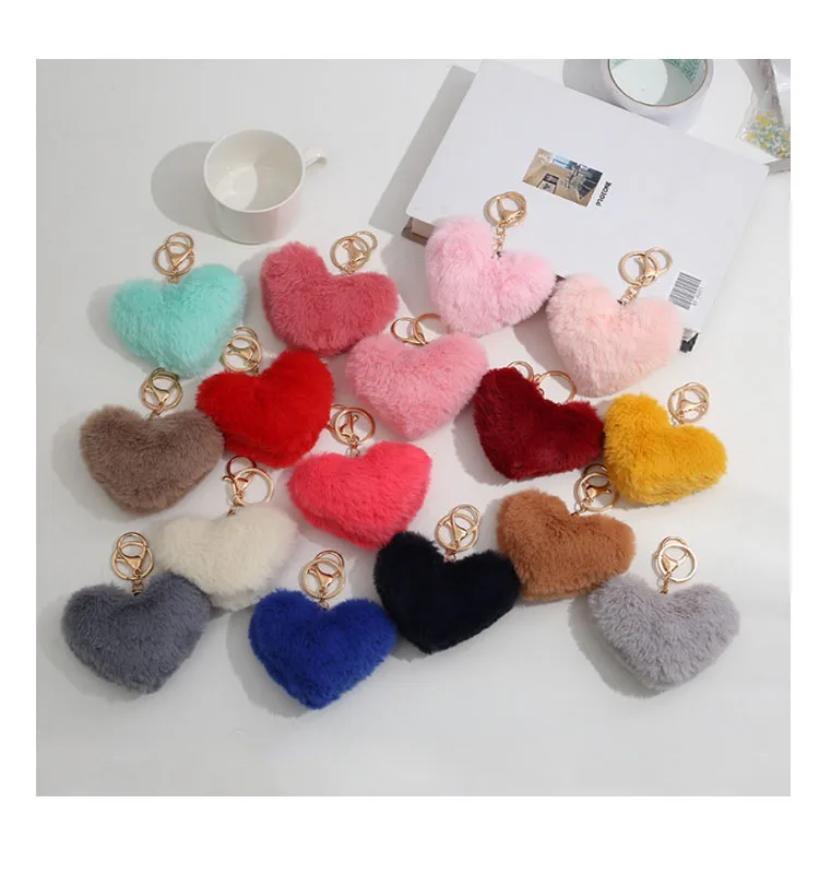 Colorful Fluffy Heart Shape Pompom Keyring Pom Pom Puff Ball Faux Fur Keychain For DIY crafts Bag Pendant