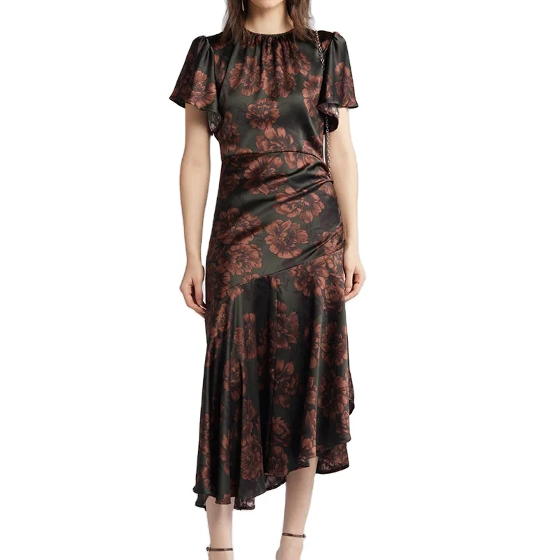 Custom Lady Formal Dress Crew Neck Fluttery Short Sleeves Asymmetric Hem Floral Elegant Dress Women Dresses