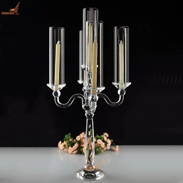 Elegant 90 cm tall clear 5 holders wedding glass tubes candle stand crystal candelabra centerpieces wholesale