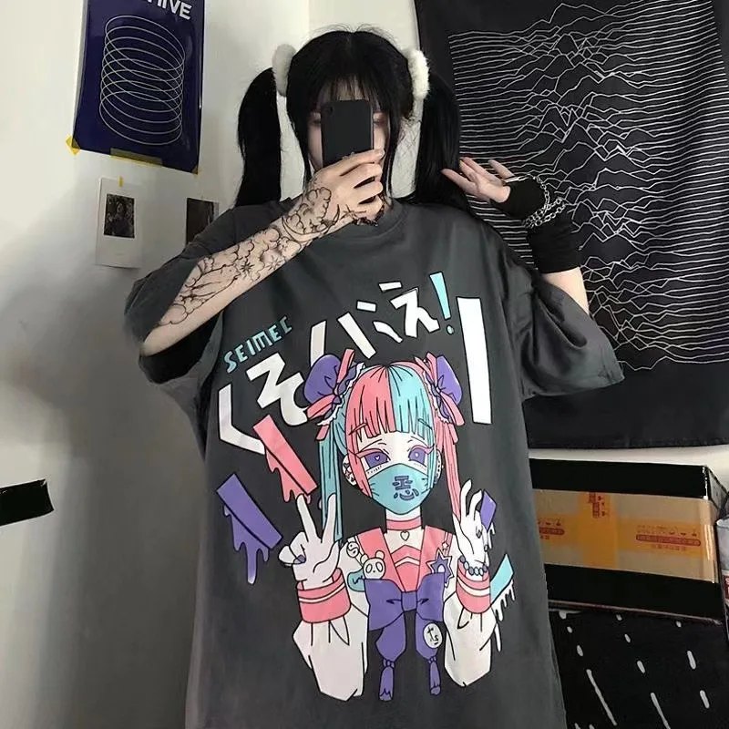 Summer Goth Female Top Aesthetic Loose Cotton T-shirt Punk Dark Grunge Streetwear Ladies Gothic Harajuku Y2K Printed Clothes