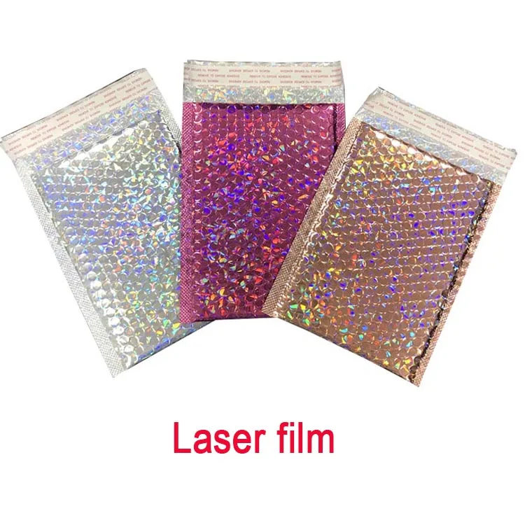 Custom Printed Pink Colored Laser Film Bubble Mailing Bag Metallic Bubble Mailer