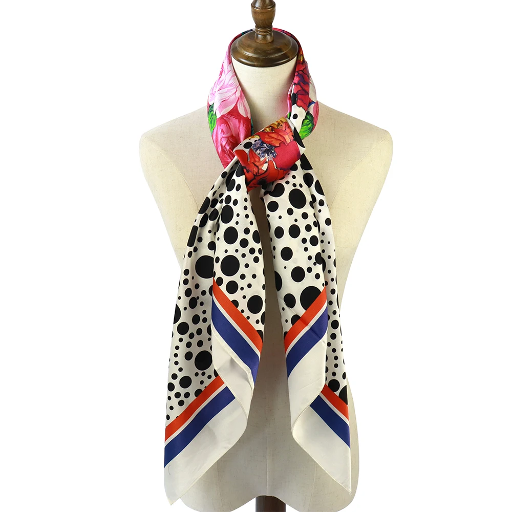 Soft Foulard Big Square Flowers and Dots Design Silk Cotton Blend Luxury Own Design Silk Scarf Silk Cotton Scarf