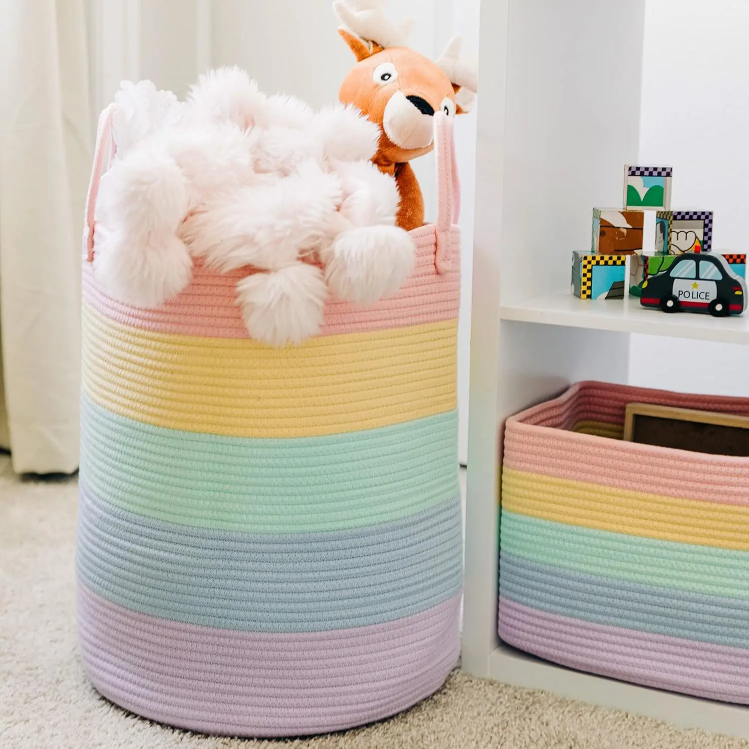 Rainbow Tall Laundry Basket Hamper Toys Storage Basket Blanket Organizer Large Decorative Woven Cotton Rope Basket