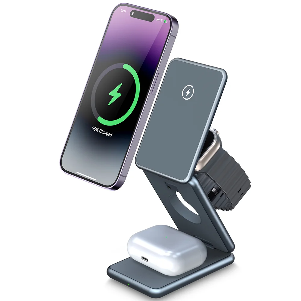 Collapsible Aluminum Alloy 3 In 1 Magnetic Multi-function Smart Watch Charger Wireless Qi Standard Desktop 15W Wireless Charger