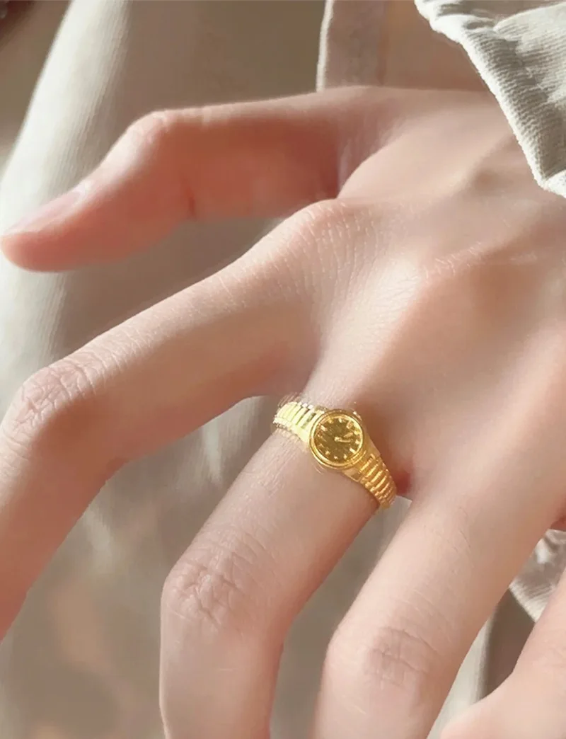 S925 Fashion Jewelry 2023 Wholesale Women Accessories Clock Watch Trendy Gold Watch Adjustable Ring Valentine's Day Women Ring