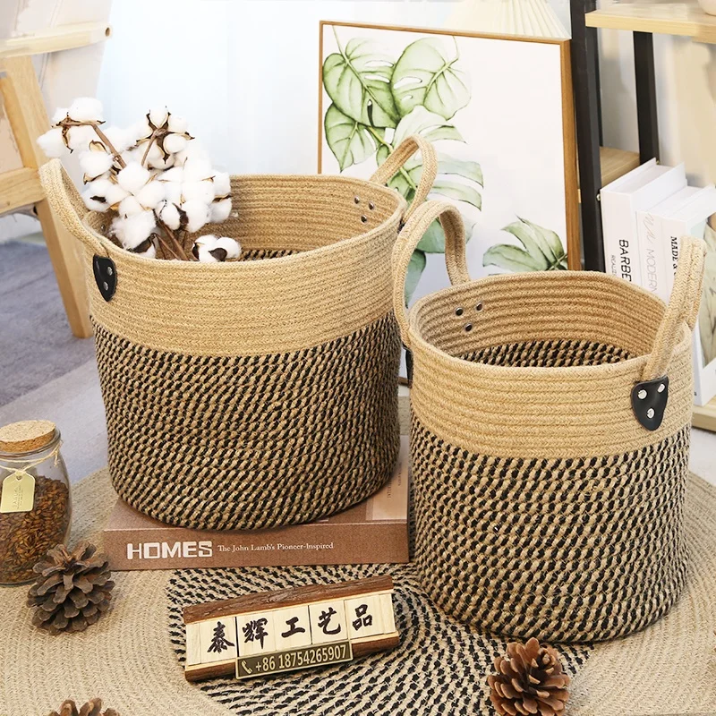 Wholesale Price Custom Size Color Home Decor Round Hand Woven Modern Jute Basket Storage Cotton Rope With Handles