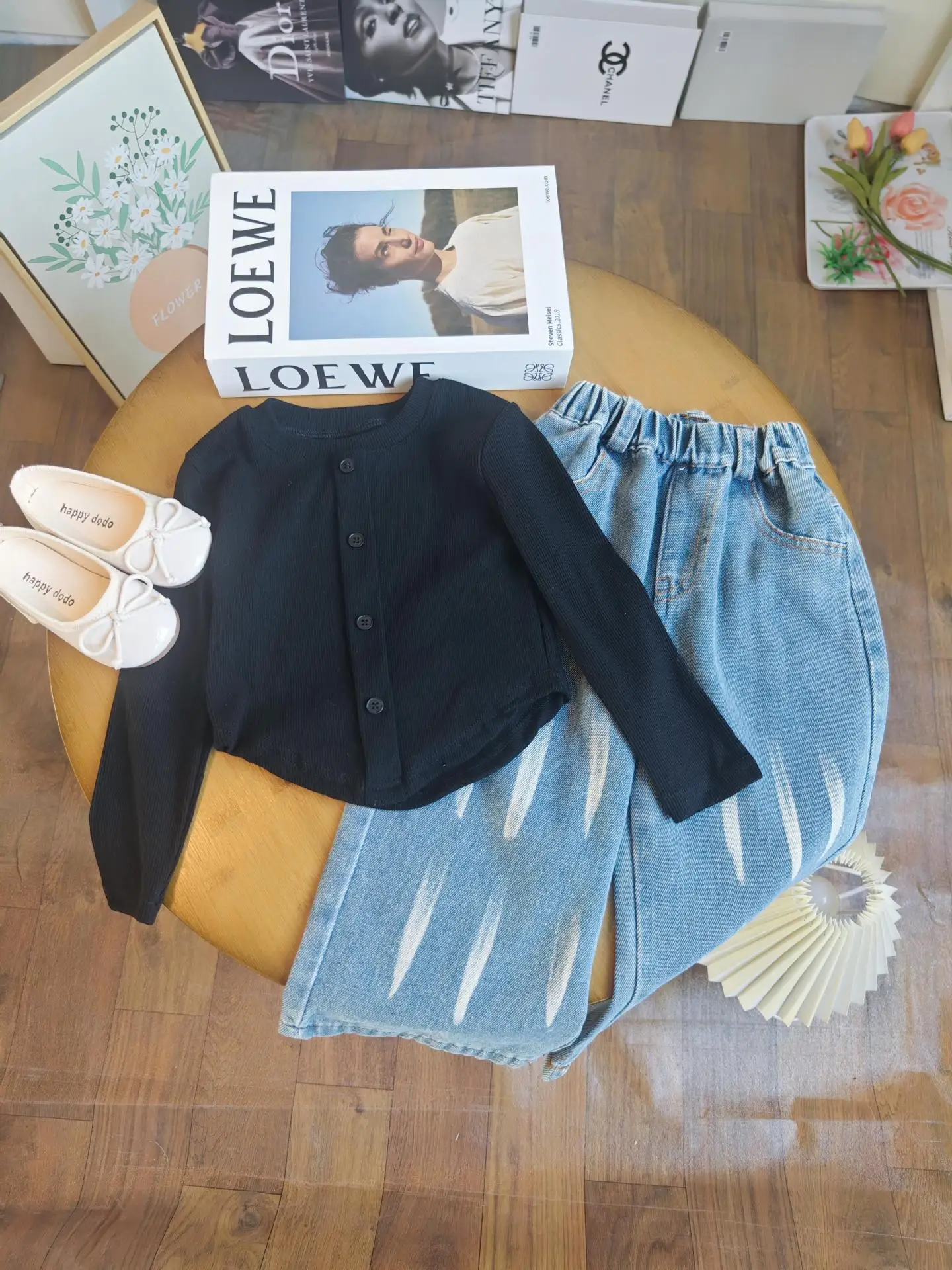 2024 Spring Autumn Korean Girls Suit Black Long Sleeve Irregular Tops Denim Loose Trousers Two Piece Kids Clothes Casual