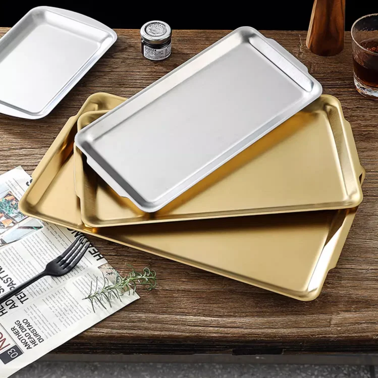 Custom multi food-grade hotel restaurant gold and silver flat bottom thickened stainless steel metal baking tray