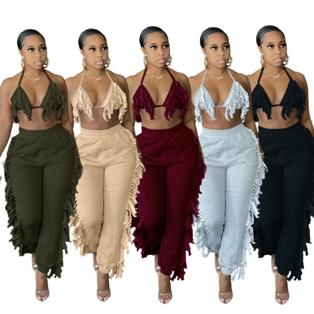 
Wholesale Women Nightclub Wear Bikinis Tassel Bra Tops Long Pants 2 Two Piece Set Womens Beach Dresses 