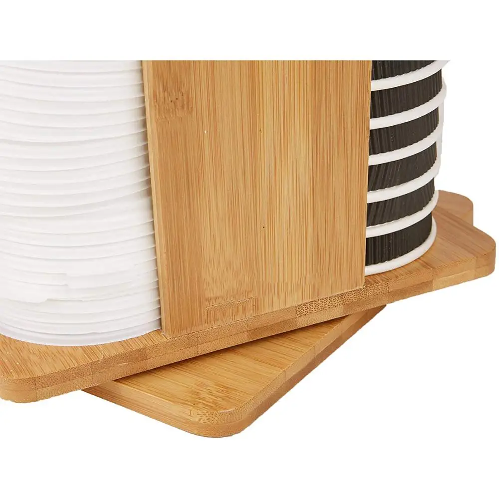Coffee Cup and Lid Organizer Carousel 4 Compartment Bamboo 4-Cup Paper Holder