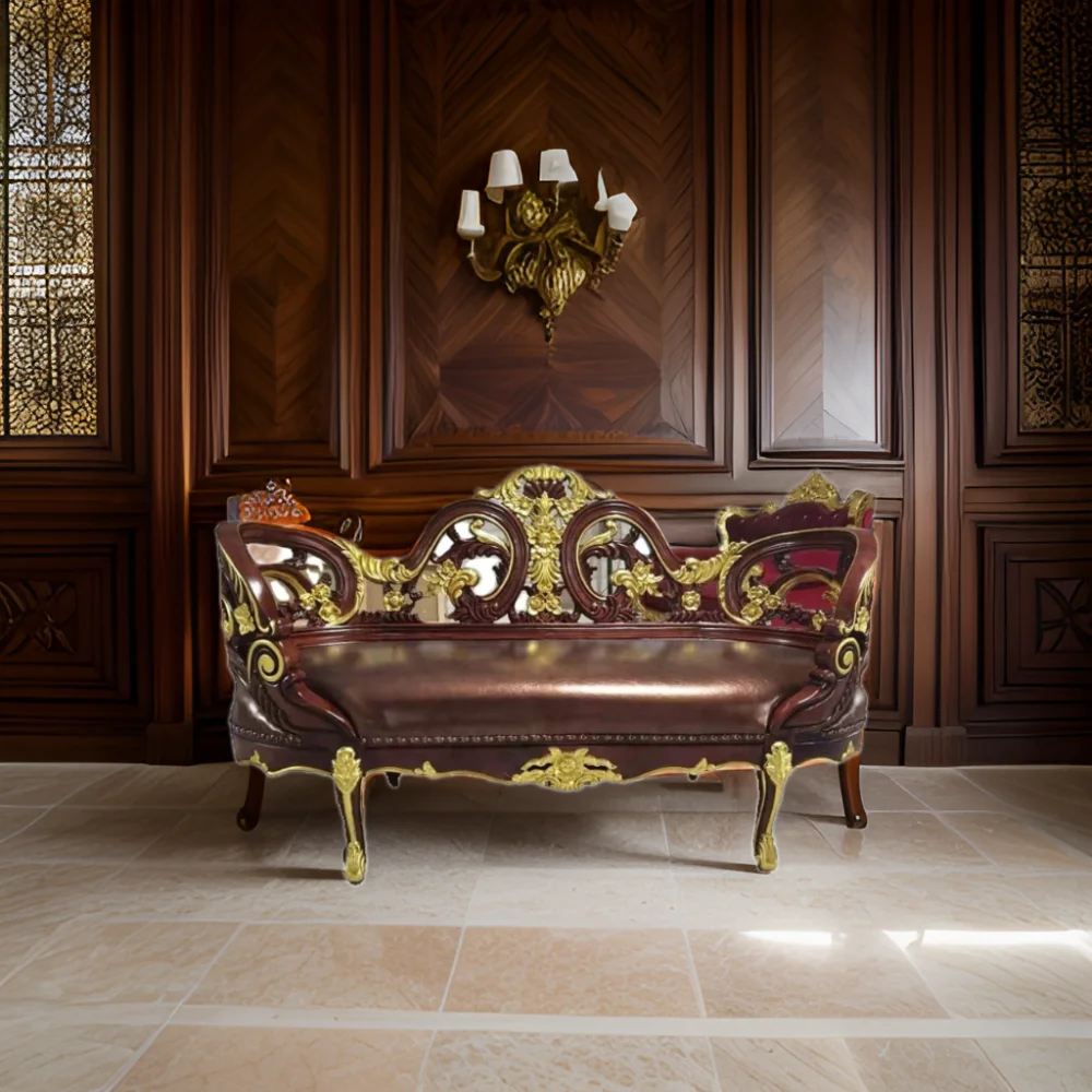 Античная Европейская королевская роскошная деревянная скамейка из красного дерева для гостиной на заказ Полная мебель виллы Классическая кожаная