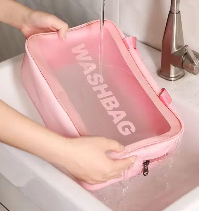 Low Moq wholesale Pu waterproof Cosmetic Pouch bag Large Capacity toiletry bag Clear PVC Bath makeup organizer Bag