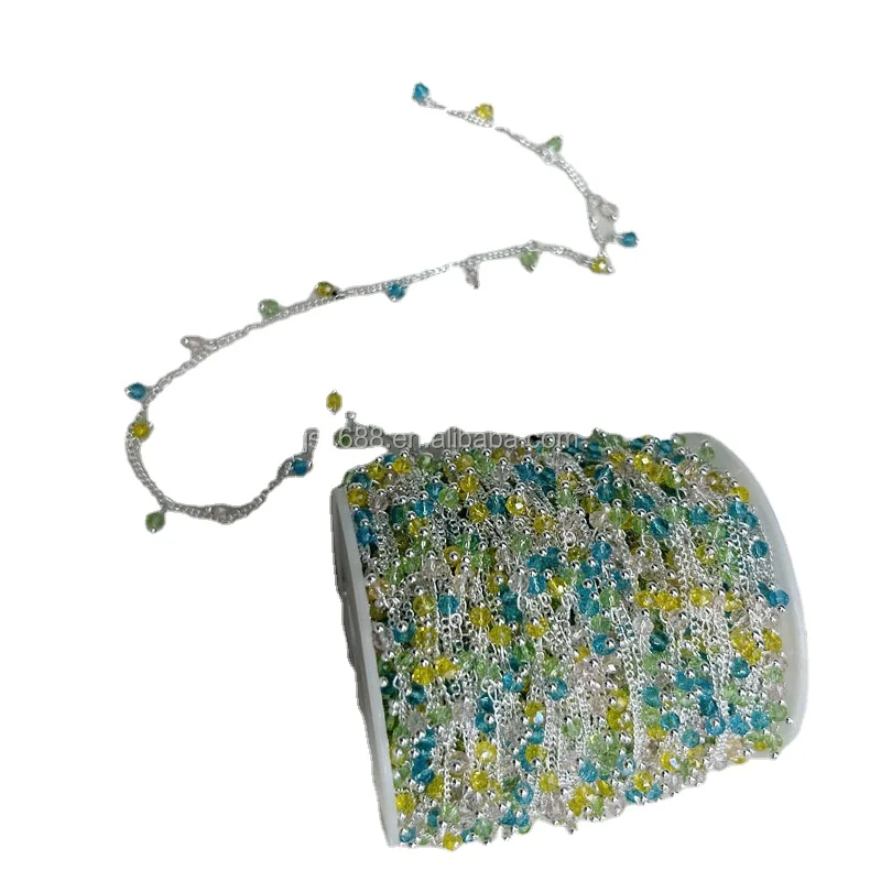 stainless steel crystal beads chain for jewelry making yellow blue mix beaded chain DIY necklace accessories