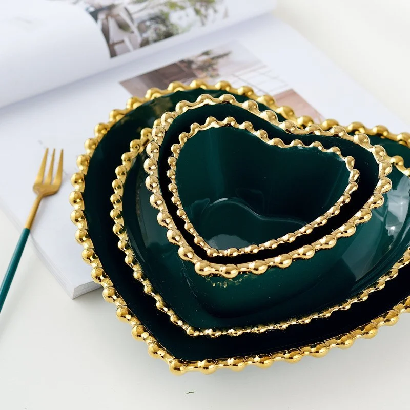 Fruit Bowl Tableware Handmade Green Colorful Ceramic Bowl with Gold Heart Shaped White DinnerWare Ceramic Sets