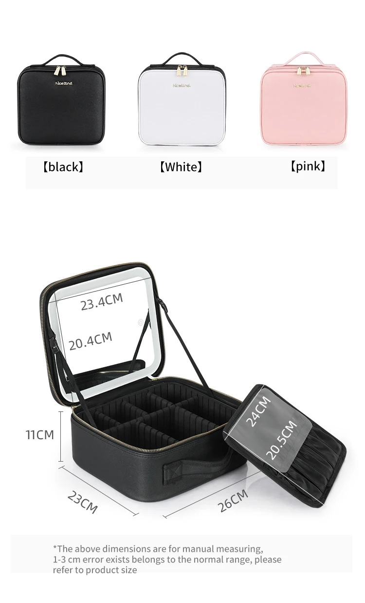 Custom logo large capacity desktop cosmetic bag storage box waterproof PU travel portable makeup bag case with LED light mirror