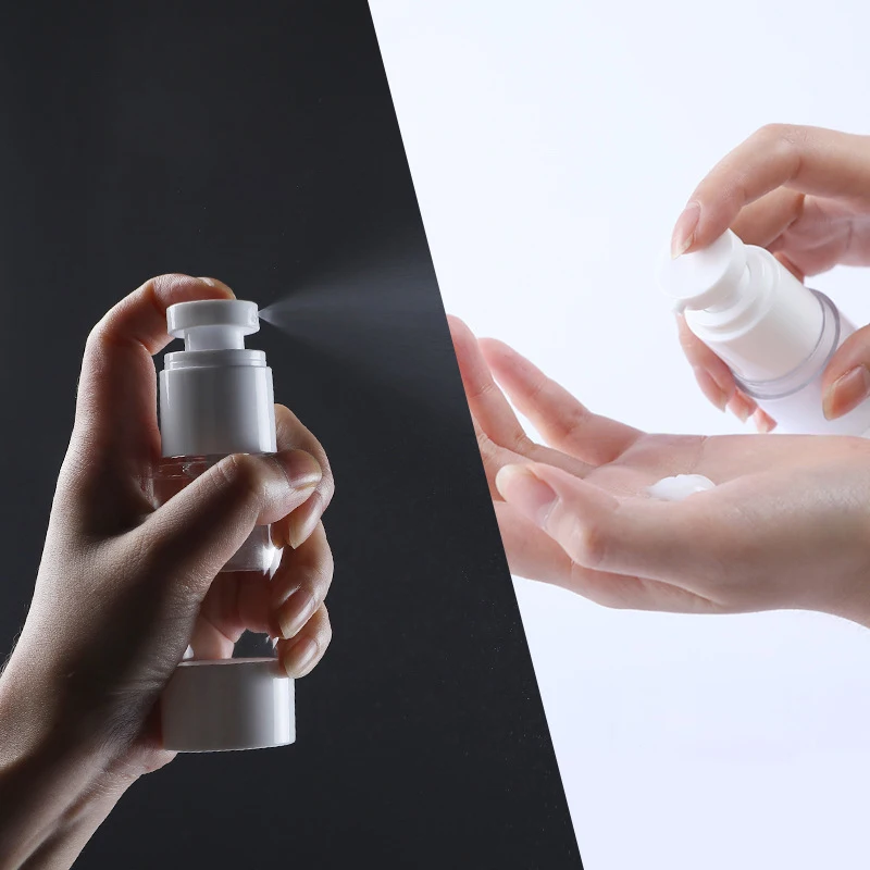 Portable 15ml 30ml 50ml 80ml 100ml AS Lotion Luxury White Serum Airless Spray Bottle Silver Jar Airless Pump Bottle For Travel