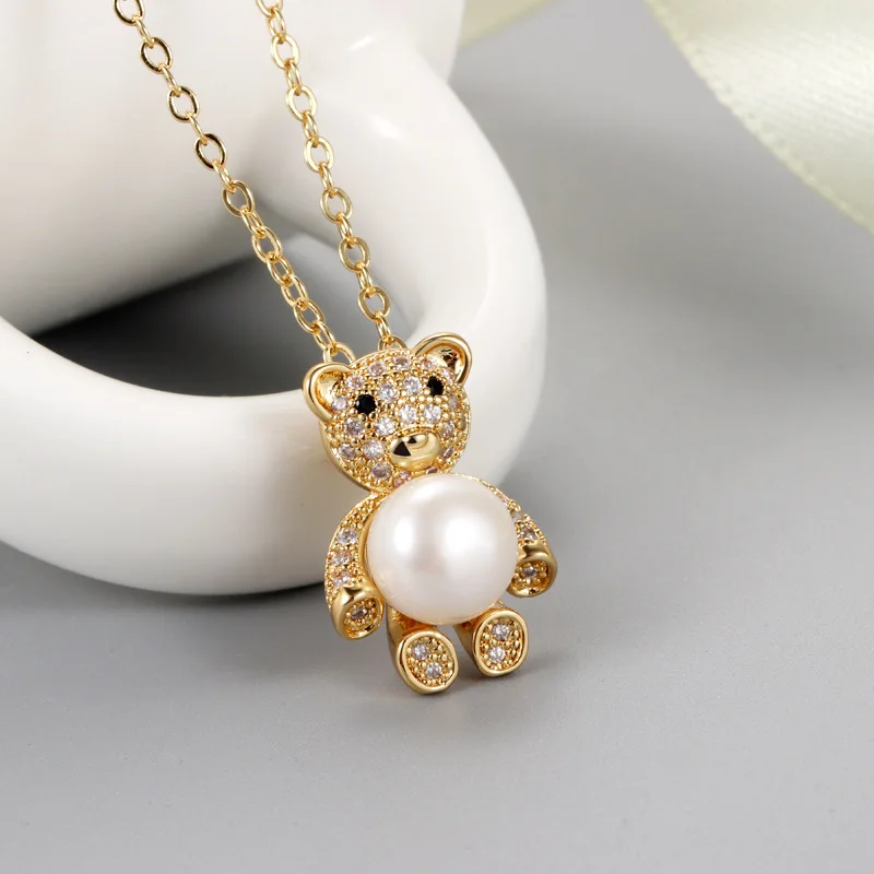Gold Color Lovely Bear Natural Pearl Jewelry Crystal Real Brass Pendant Necklace For Women