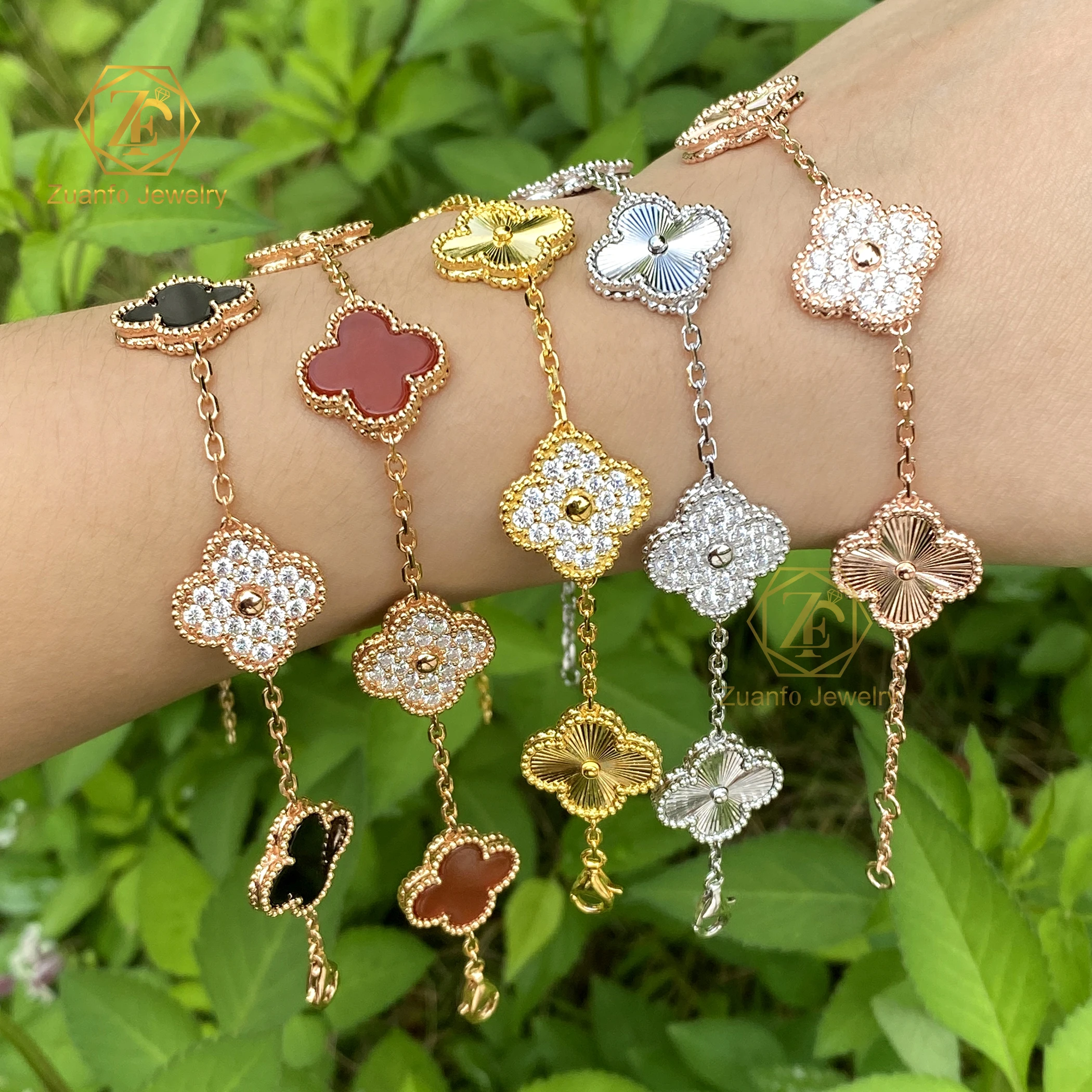 Christmas gifts natural red agate VVS D moissanite diamond 925 sterling silver lucky four leaf cover bracelet for girl and lady