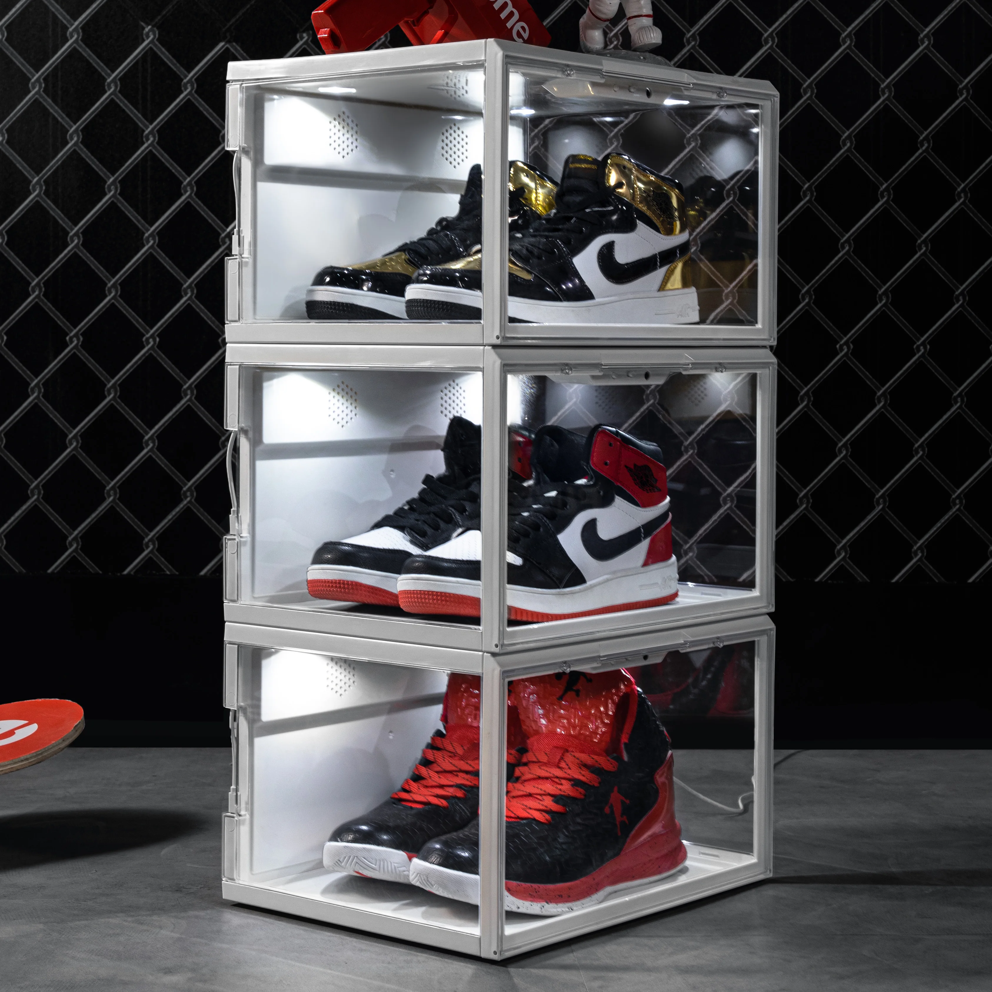 Magnetic stackable portable custom logo clear LED shoe box case acrylic sneaker sound control sneaker shoe box with led light