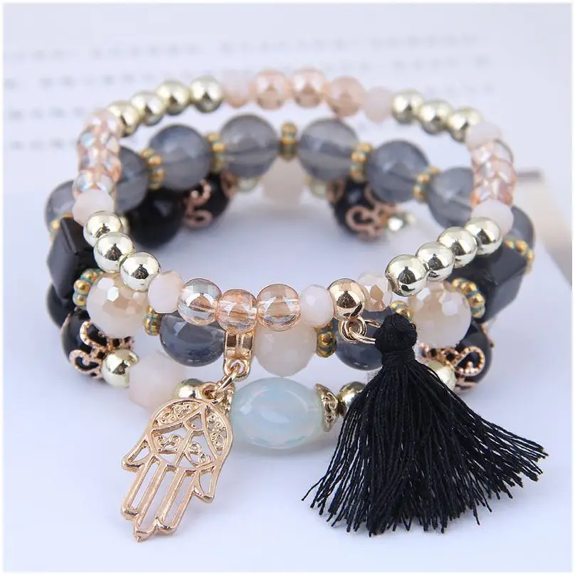 MIYOUKE Wholesale Fashion Bohemian Layered Bead Bracelet Set  Charm Dainty Tassel Bracelet