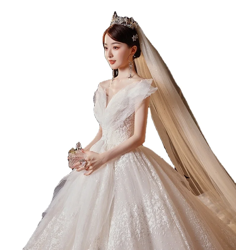 One-shoulder charming wedding dress 2021 new trailing bride dreamy pregnant woman light wedding dress palace style wedding dress