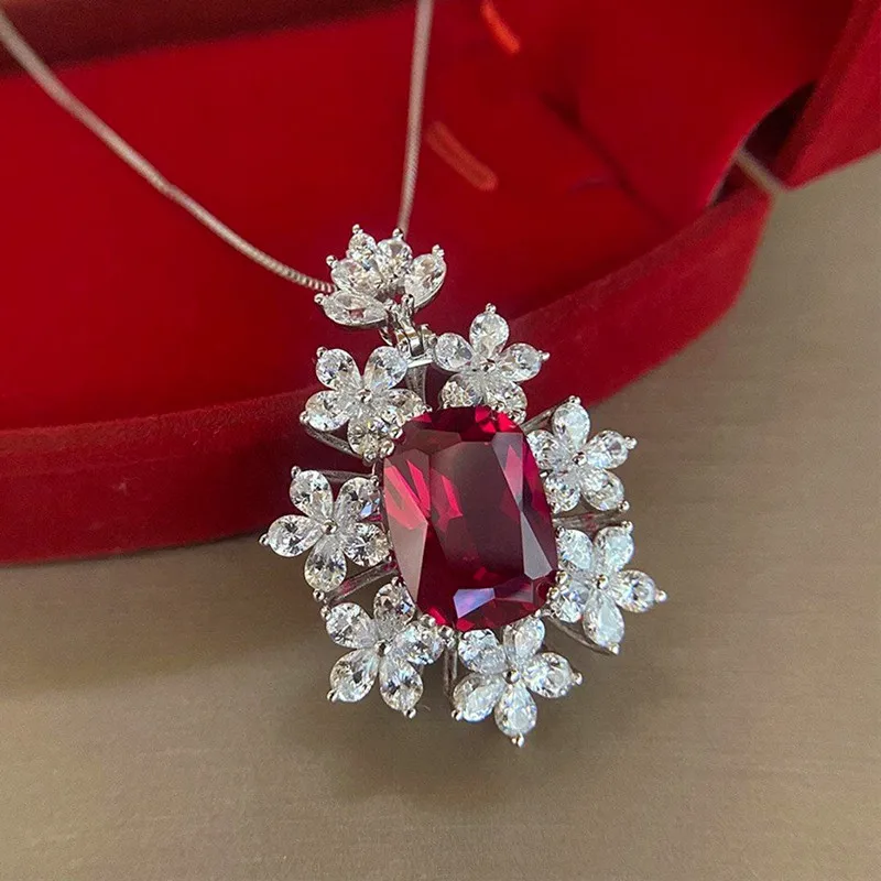CAOSHI Luxury Ruby Red Gem Flower Shaped Chain Necklace Charm 925 Silver Plated Cubic Zirconia Pendant Ladies Necklace for Women